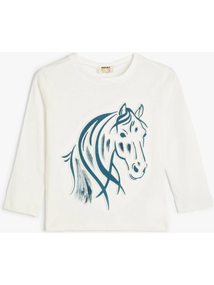 Koton Kabartma At Baskılı T-Shirt Uzun Kollu Bisiklet Yaka Pamuklu