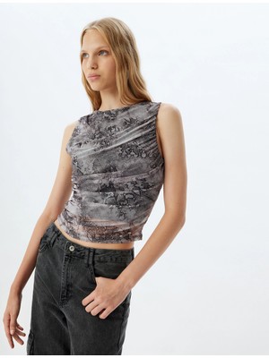 Koton Kolsuz Üst Drapeli Tül Soyut Desenli Slim Fit