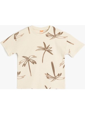 Koton Palmiye Desenli Kısa Kollu Bisiklet Yaka Pamuklu Tişört