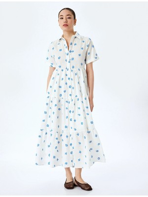 Koton Kısa Kollu Çiçekli Düğmeli Katlı Uzun Gömlek Elbise
