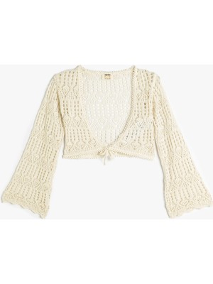 Koton Crop Ajurlu Hırka V Yaka Uzun Kollu