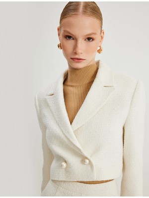 Koton Crop Tüvit Ceket Kruvaze Ters Yaka Inci Düğmeli