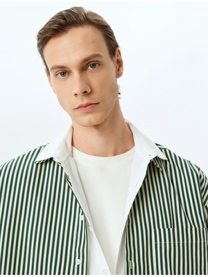 Koton Uzun Kollu Cep Detaylı Pamuklu Slogan Işlemeli Poplin Çizgili Gömlek