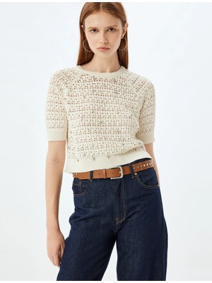 Koton Ajurlu Crop Kazak Kısa Kollu Bisiklet Yaka Boncuk Işlemeli