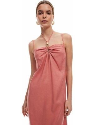 Koton Büzgü Detaylı Boncuklu Ince Askılı Uzun Keten Elbise