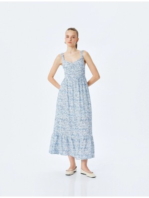 Koton Kolsuz Gipeli U Yaka Katlı Viskon Çiçekli Uzun Elbise