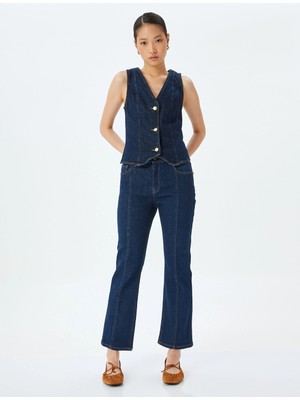 Koton Ispanyol Paça Nervürlü Düğmeli Normal Bel Kot Pantolon - Kick Flare Jean