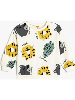 Koton Sweatshirt Uzun Kollu Bisiklet Yaka Hayvanlar Baskılı Şardonlu Pamuklu