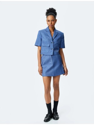 Koton Slim Fit Cepli Düğmeli Kruvaze Kısa Kollu Crop Ceket