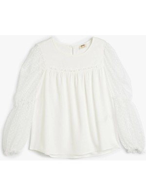 Koton Uzun Kollu Bluz Kız Çocuk Günlük Tarz Pamuk Kumaş Truvakar Kol Beyaz