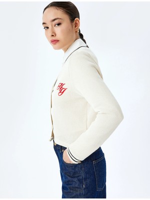 Koton Nakış Detaylı Uzun Kollu Düğmeli Biyeli V Yaka Triko Hırka