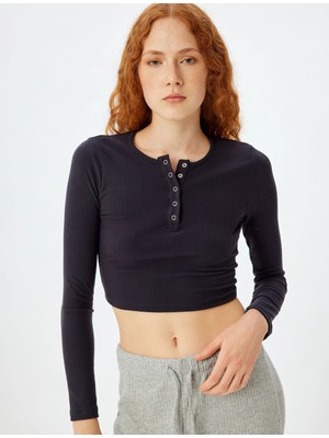 Koton Uzun Kollu Yuvarlak Yaka Düğmeli Örme Crop Pijama Üstü
