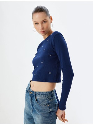 Koton Crop T-Shirt Fiyonk Desenli Uzun Kollu Kaşkorse Slim Fit