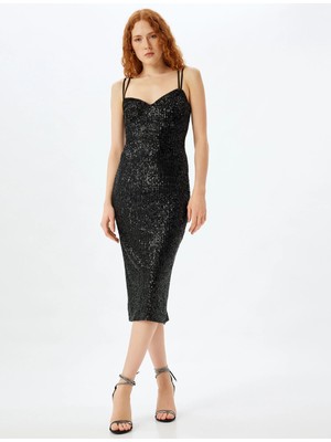 Koton Pullu Payetli Abiye Elbise Midi Boy Çift Askılı Yırtmaçlı Kalp Yaka Slim Fit