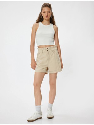 Koton Yüksek Bel Şort Düğmeli Beli Lastikli Cepli Paçası Katlı Rahat Kalıp