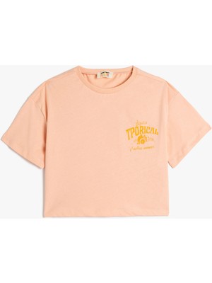 Koton Kız Çocuk Tropik Baskılı Bisiklet Yaka Kısa Kollu Krop Tişört Günlük Stil Örme Kumaş