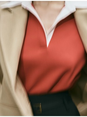 Koton Polo Yaka Triko Kazak Renk Kontrastlı Çift Kumaş Kullanımlı Uzun Kollu