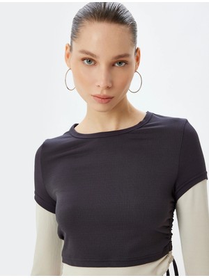 Koton Crop T-Shirt Uzun Kollu Slim Fit Büzgülü Bisiklet Yaka