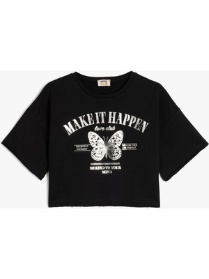 Koton Kelebek Baskılı Kısa Kollu Pamuklu Crop Tişört