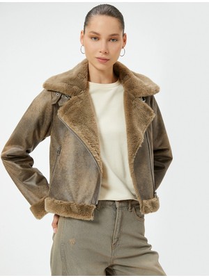 Koton Yakası Kürklü Fermuarlı Cepli Biker Mont