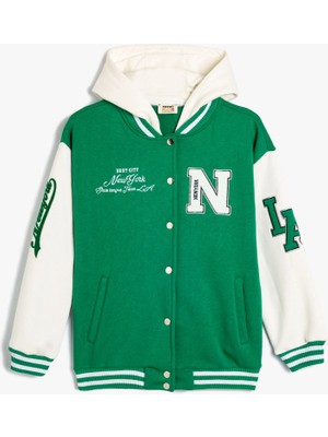 Koton Kolej Ceket Kapşonlu Renk Kontrastlı Aplike Detaylı Çıtçıt Düğmeli