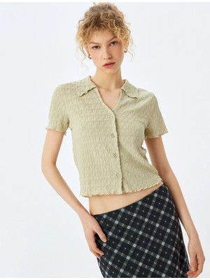 Koton Düğmeli Gömlek Yaka Dokulu Kısa Kollu Bluz