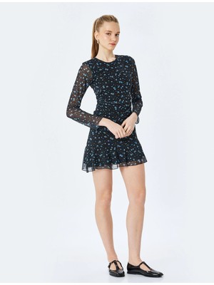 Koton Çiçekli Bisiklet Yaka Drapeli Uzun Kollu Mini Elbise