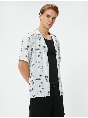 Koton Yazlık Gömlek Palmiye Desenli Kısa Kollu Devrik Yaka Viskon