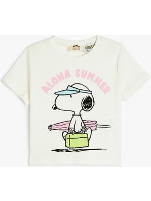 Koton Snoopy Baskılı Bisiklet Yaka Kısa Kollu Pamuklu Lisanslı Tişört