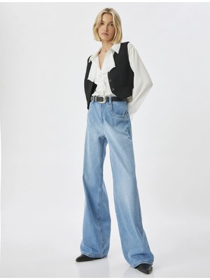 Koton Bol Paça Kot Pantolon Normal Bel Düğmeli Pamuklu - Loose Straight Fit Jean