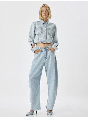 Koton Balon Kot Pantolon Kesik Paça Yüksek Bel Crop Boy Düğmeli Pamuklu - Balon Fit Jean