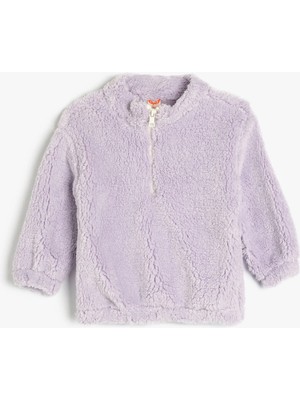 Koton Dik Yaka Uzun Kollu Fermuar Detaylı Peluş Sweatshirt