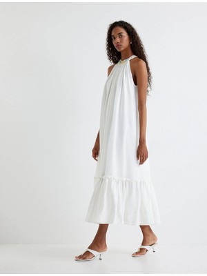 Koton Halter Yaka Uzun Elbise Fırfırlı Boncuk Işleme Detaylı Astarlı