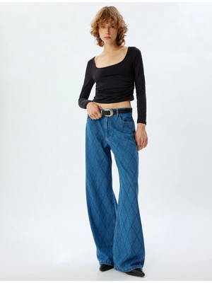 Koton Geniş Paça Kot Pantolon Standart Bel Taşlı Düğmeli Cepli - Wide Leg Jean