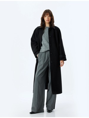 Koton Ekstra Uzun Kaşe Kaban Kruvaze Düğmeli Cepli Kuşak Detaylı