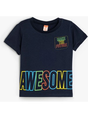 Koton Baskılı Kısa Kollu Tişört Erkek Çocuk İçin Regular Fit Lacivert Örme Kumaş