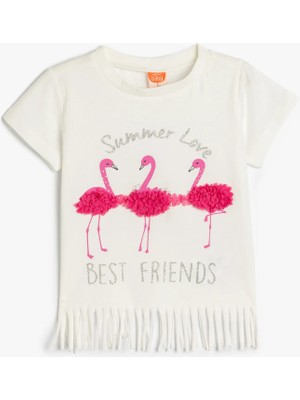 Koton Püsküllü Tişört Flamingo Baskılı Kısa Kollu Bisiklet Yaka Pamuklu
