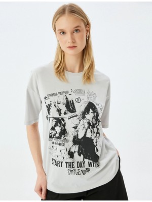 Koton Anime Baskılı Oversize Bisiklet Yaka Kısa Kollu Tişört