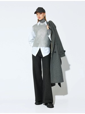 Koton x Şahika Ercümen - Yumuşak Dokulu Çizgili Düz Bol Paça Pantolon