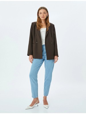 Koton Yüksek Bel Bol Kalıp Düz Kısa Paça Düğmeli Cepli Pamuklu Kot Pantolon - Mom Jean