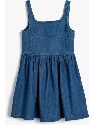 Koton Askılı Kot Elbise Dikiş Detaylı Kare Yaka Pamuklu