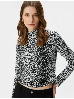 Koton Leopar Desenli Tişört Uzun Kollu Dik Yaka