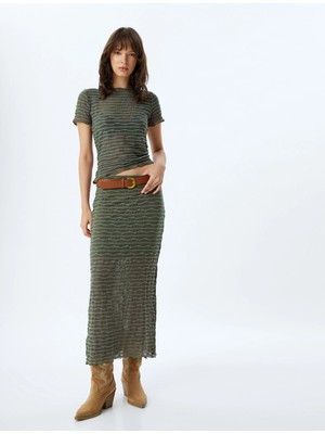 Koton Yarı Transparan Crop Tişört Çizgili Kısa Kollu Yuvarlak Yaka