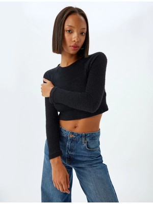 Kadın Giyim Uzun Kollu Body Crop Kayık Yaka Yumuşak Dokulu 5WAL10732IK - Koton - 5WAL10732IK - Siyah - Xl