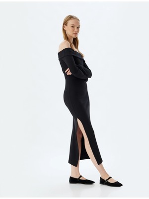 Koton Midi Elbise Fitilli Kayık Yaka Yırtmaç Detaylı Slim Fit Uzun Kollu