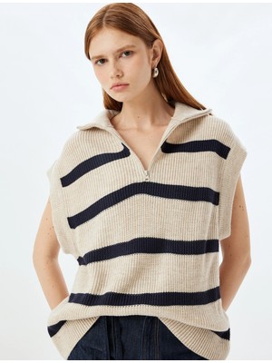 Koton Triko Oversize Süveter Yarım Fermuar Detaylı Dik Yaka Kolsuz