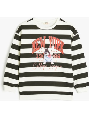 Koton Sweatshirt Köpek Baskılı Bisiklet Yaka Uzun Kollu Şardonlu