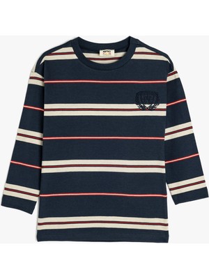 Koton Çizgili Uzun Kollu Pamuklu Bisiklet Yaka Oversize Tişört