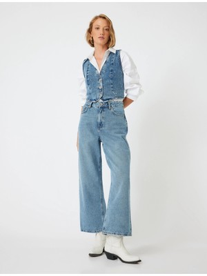 Koton Crop Bol Paça Kot Pantolon Normal Bel Slim Fit Düğmeli - Wide Leg Crop Jean