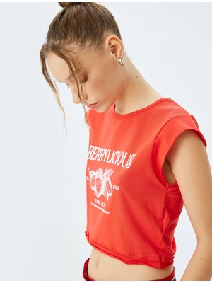 Koton Crop Bisiklet Yaka Kolsuz Slogan Baskılı Tişört